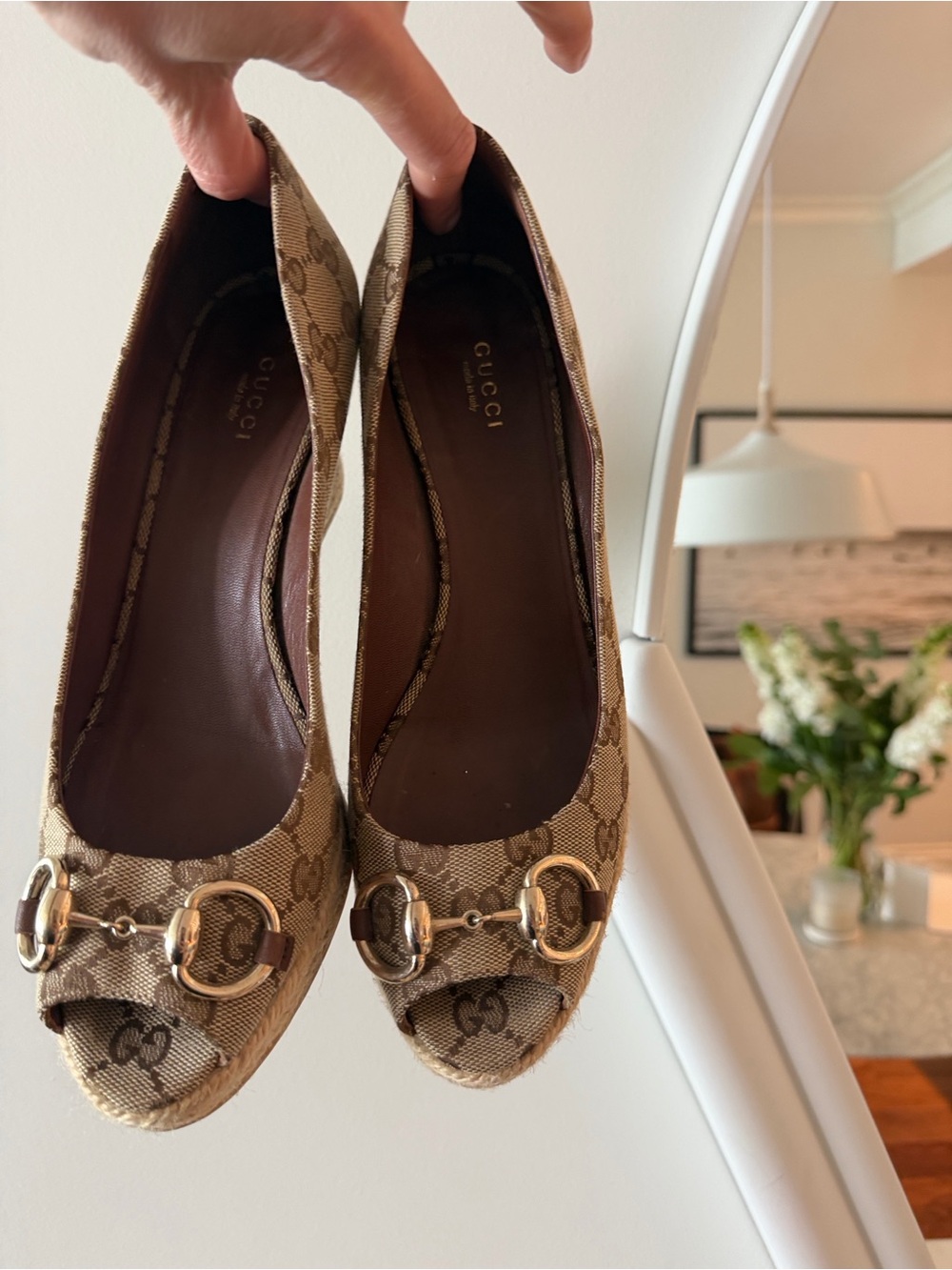Gucci Beige Monogram Peep-Toe Heels espadrille with Horsebit
